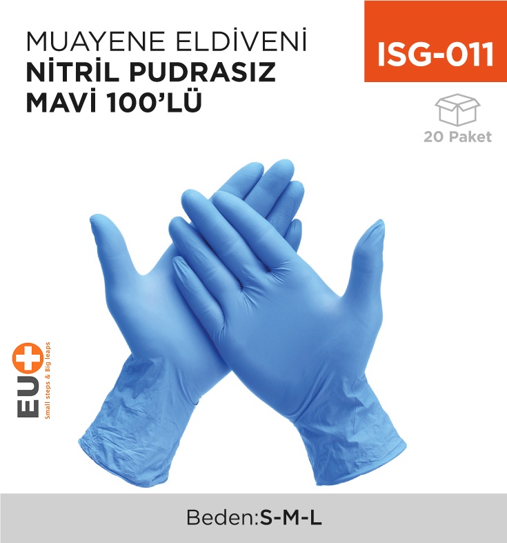 Muayene Eldiveni Nitril Pudrasız Mavi 100'Lü - Koli:20 Adet