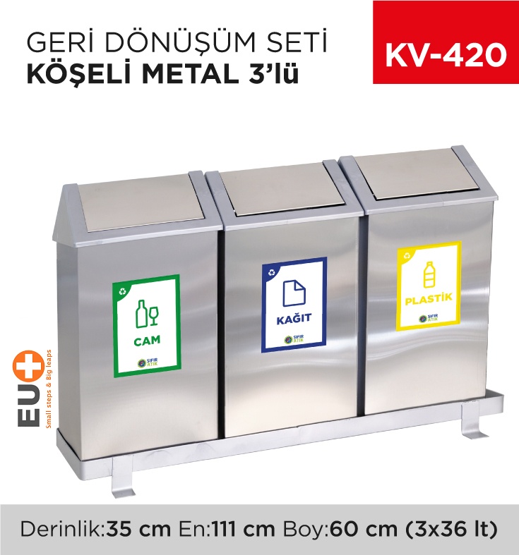 Geri Dönüşüm Seti Köşeli Metal 3'Lü