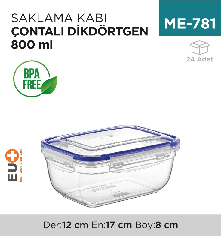 Contalı Dikdörtgen Saklama Kabı 800 Ml(30812) - Koli:24 Adet